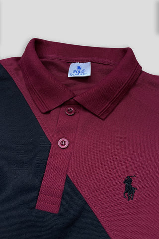 POLOO CROSS PANEL Men’s Branded Cotton PQ Shirt in Maroon-Black