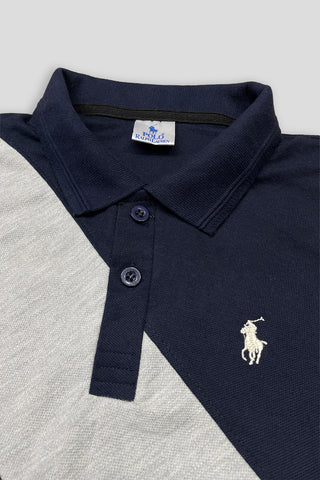 POLOO CROSS PANEL Men’s Branded Cotton PQ Shirt in Navy Blue-Light Grey