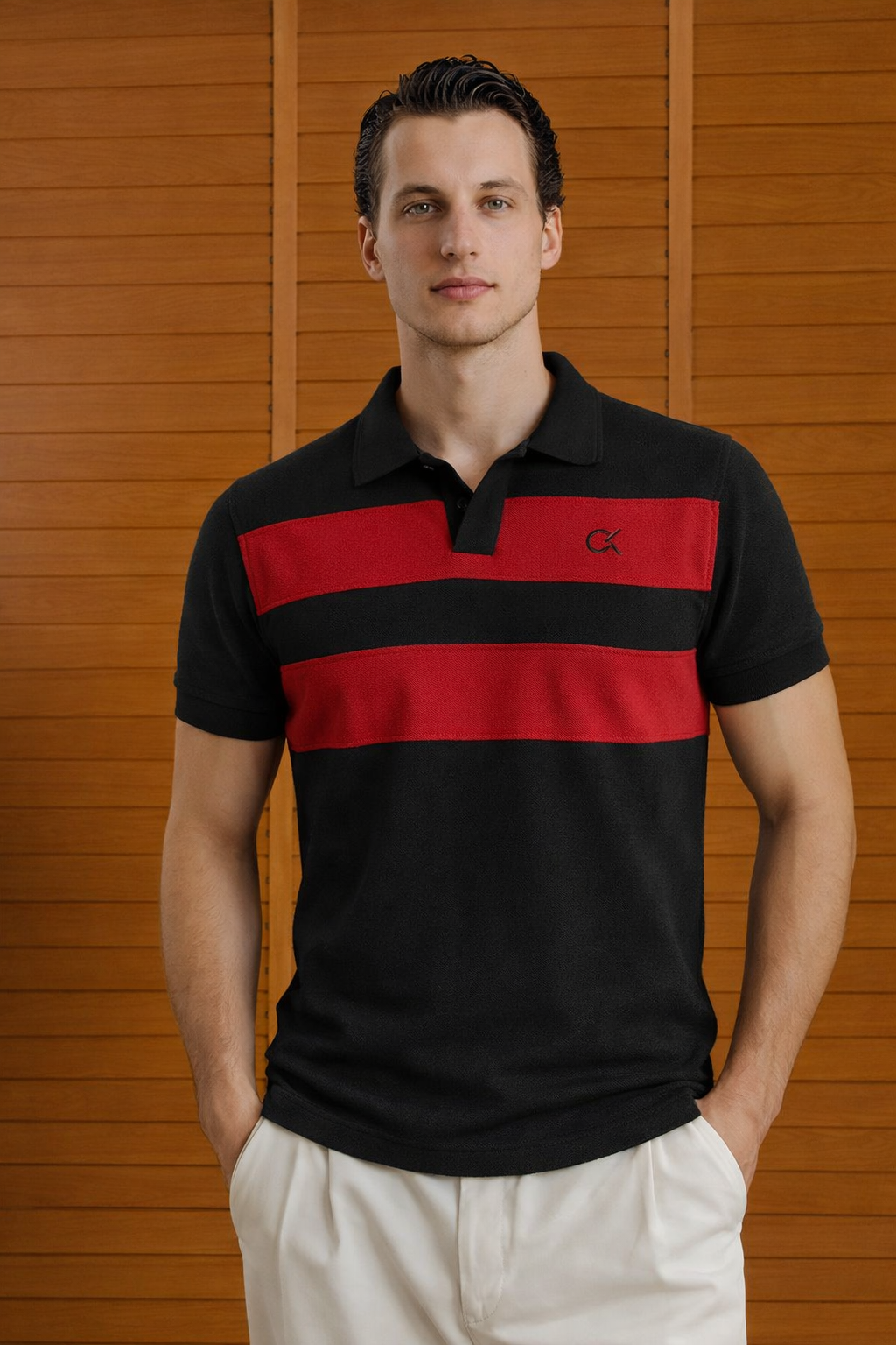 CK PANEL Men’s Branded Cotton PQ Shirt in Black