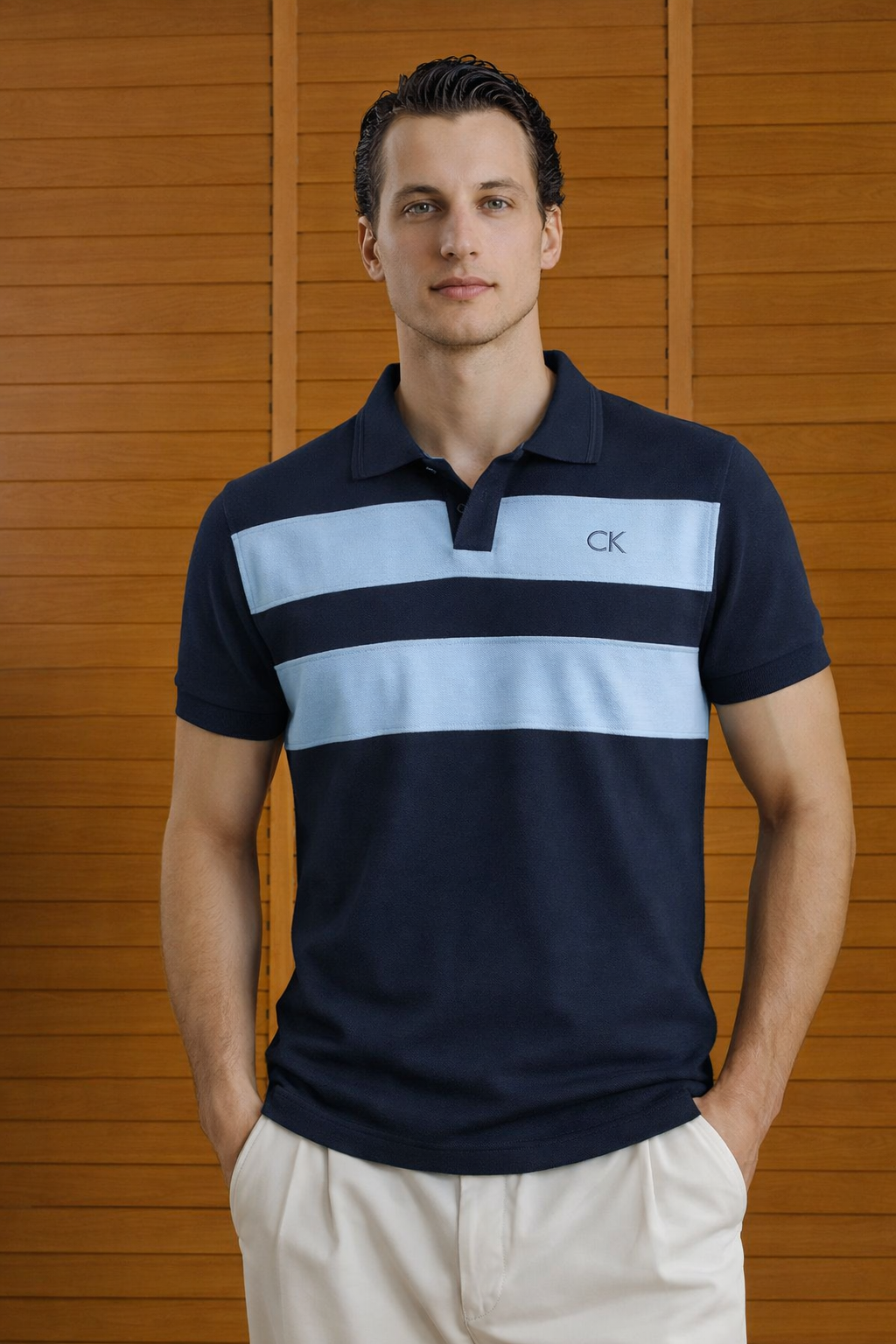 CK PANEL Men’s Branded Cotton PQ Shirt in Navy Blue