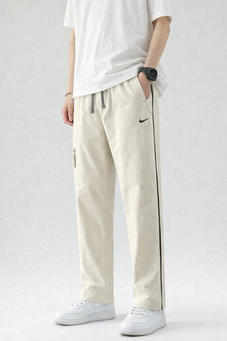 NK-Embroidered Logo Grey Straight Fit Off White Cotton Trouser
