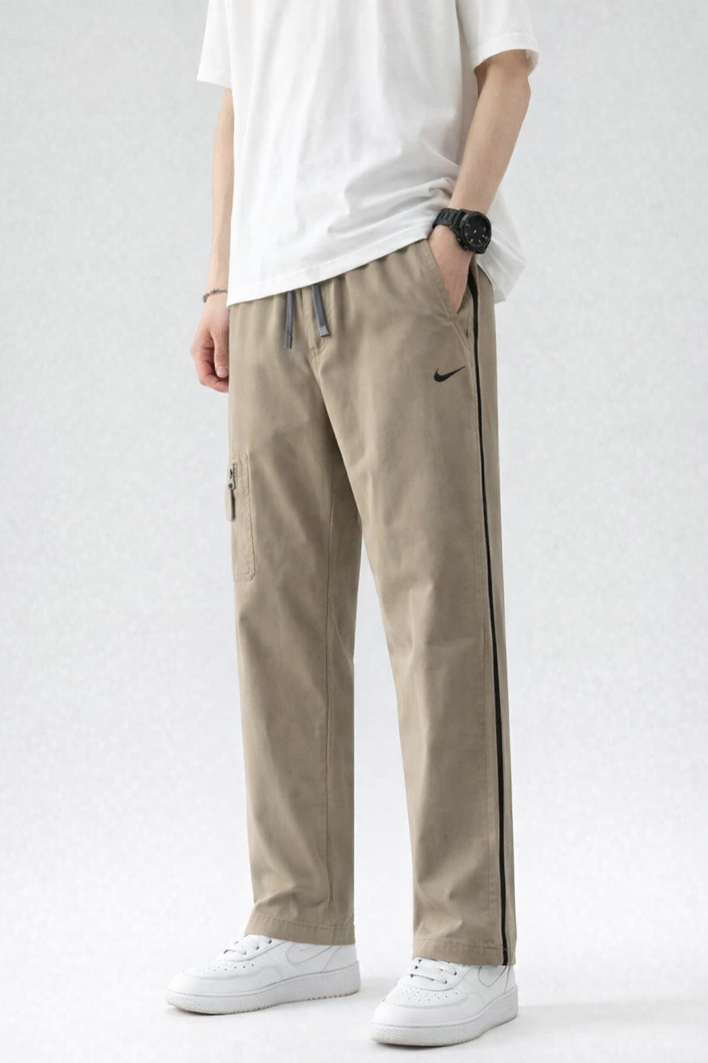 NK-Embroidered Logo Grey Straight Fit Tan Cotton Trouser