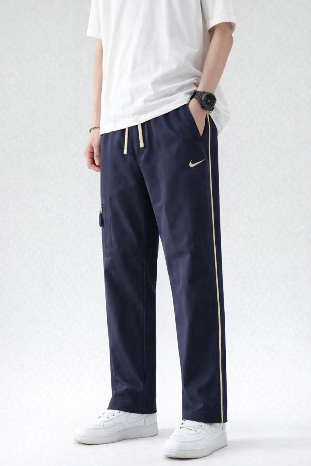 NK-Embroidered Logo Grey Straight Fit Navy Blue Cotton Trouser