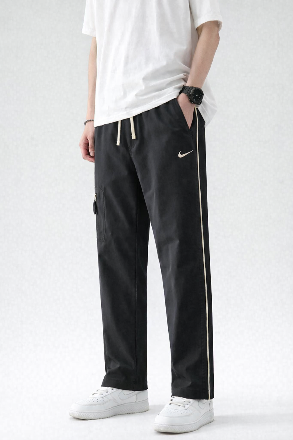 NK-Embroidered Logo Grey Straight Fit Black Cotton Trouser