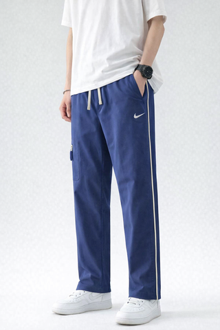 NK-Embroidered Logo Grey Straight Fit Blue Cotton Trouser