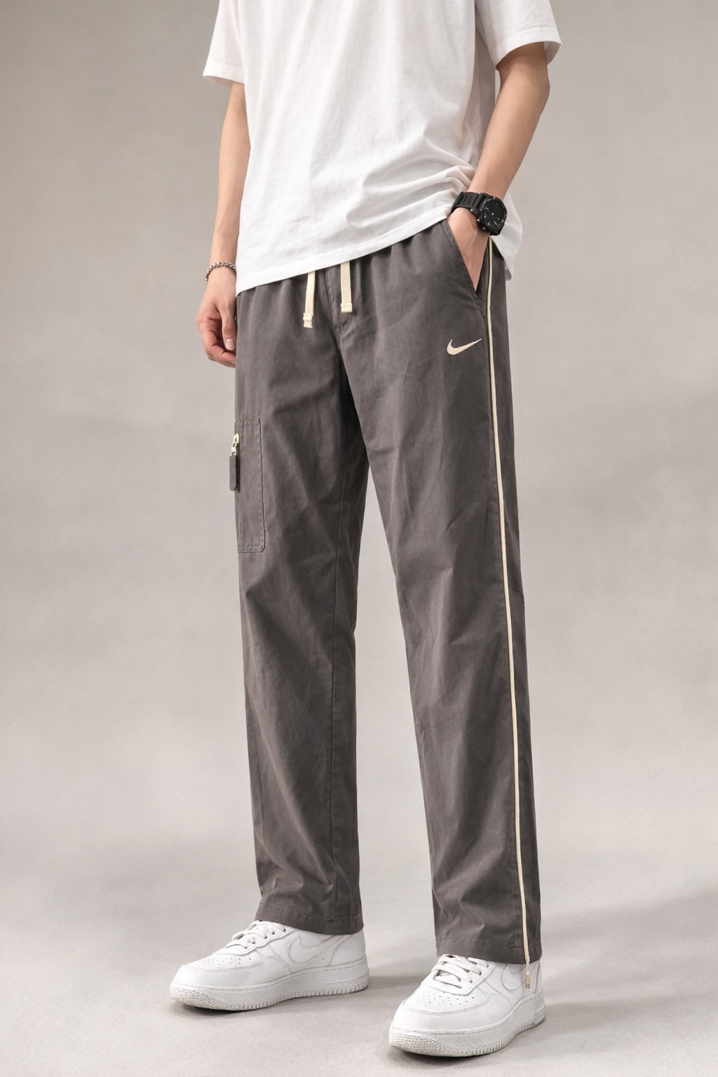 NK-Embroidered Logo Grey Straight Fit Grey Cotton Trouser