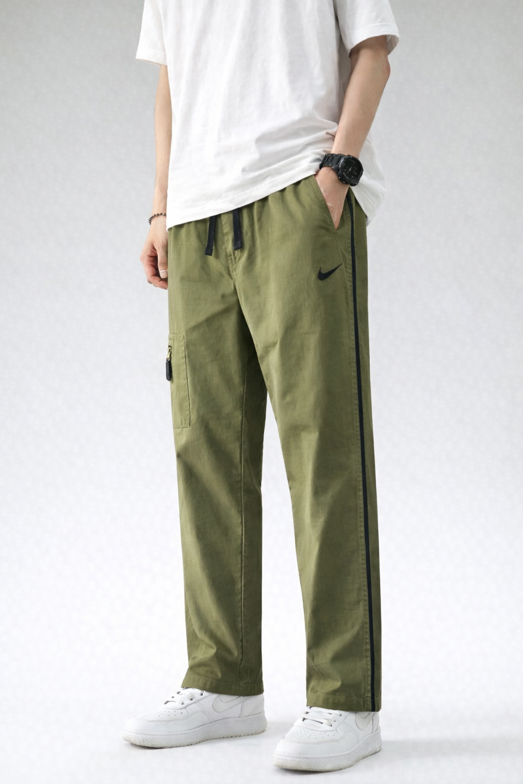 NK-Embroidered Logo Grey Straight Fit Light Olive Cotton Trouser