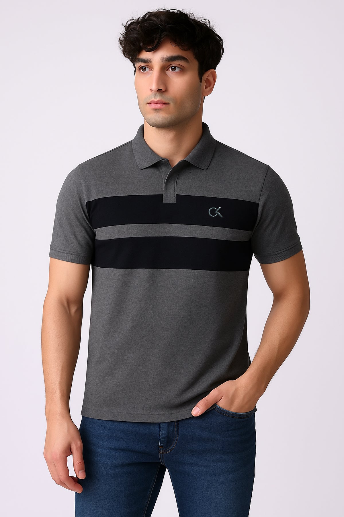 Calven Kleen Men’s Branded Cotton PQ Shirt in Charcoal Grey
