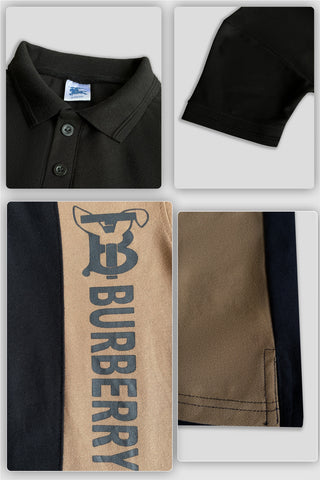 BURBARY PANEL Men’s Branded Cotton PQ Shirt in Skin-Black