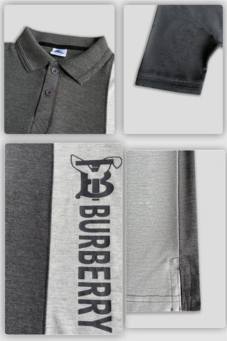 BURBARY PANEL Men’s Branded Cotton PQ Shirt in Charcoal-Grey