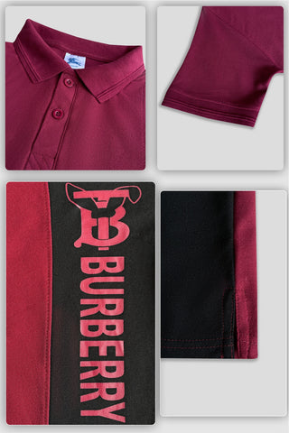 BURBARY PANEL Men’s Branded Cotton PQ Shirt in Maroon-Black