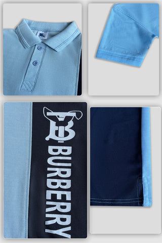 BURBARY PANEL Men’s Branded Cotton PQ Shirt in Sky-Navy Blue