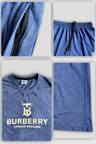 BURBARY Cotton Jersey Embroidered Logo Swed Blue Short Tracksuit
