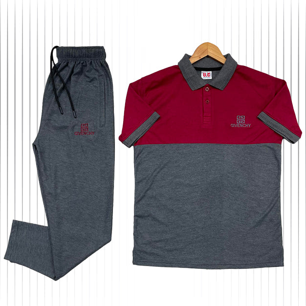 Givchy-Branded Cotton PQ Embroidered Logo Maroon-Dark Grey Tracksuit