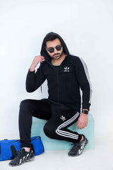 Adi-Men's 3-Stripes Seaweed Black Hoodie Tracksuit