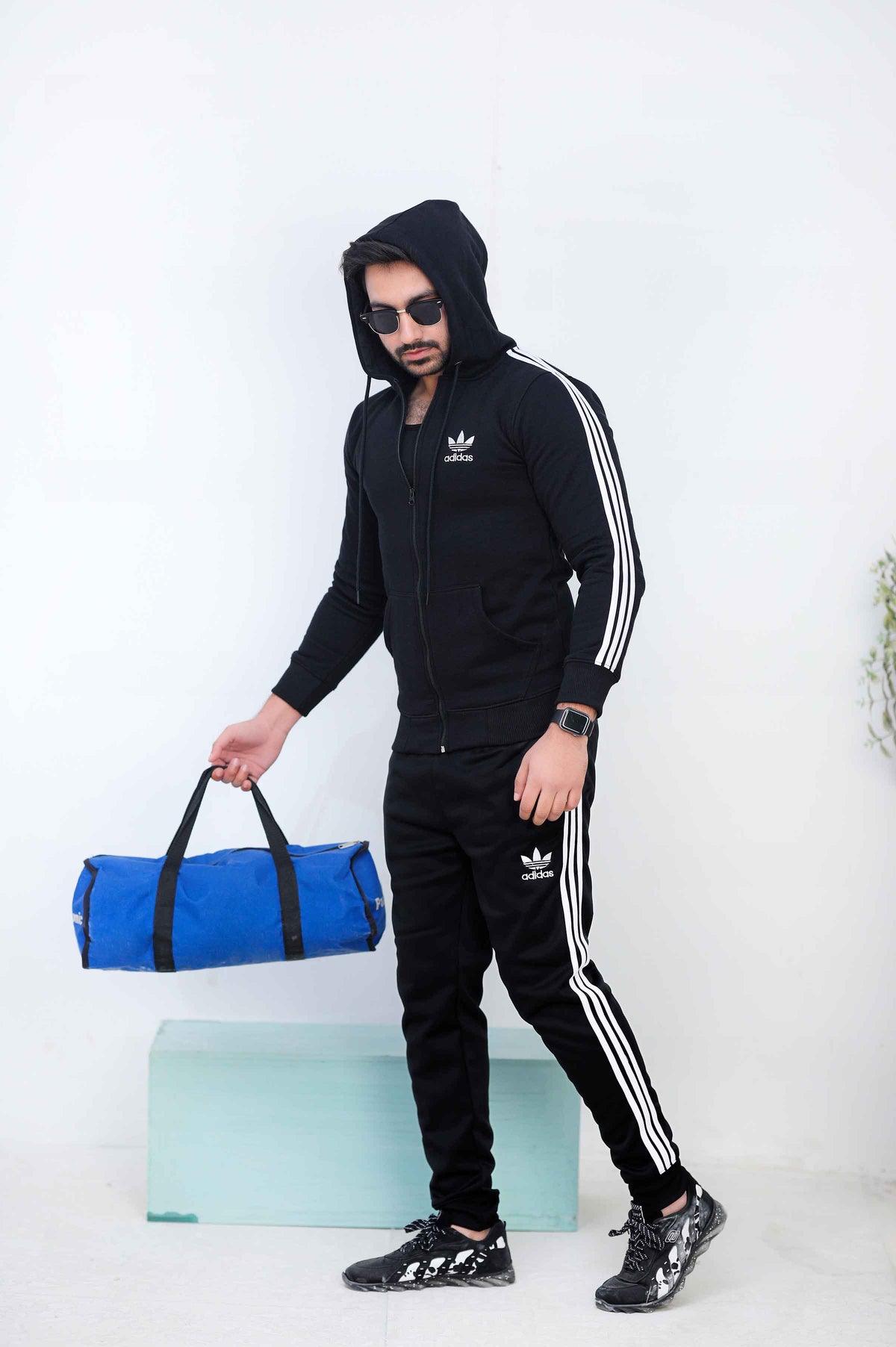 Adi Men s 3 Stripes Seaweed Black Hoodie Tracksuit Exportoutlet.pk