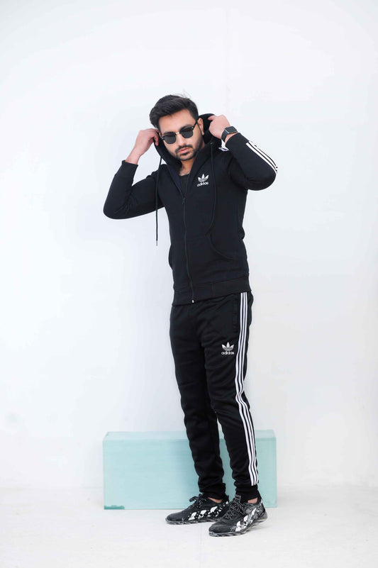 Adi-Men's 3-Stripes Seaweed Black Hoodie Tracksuit