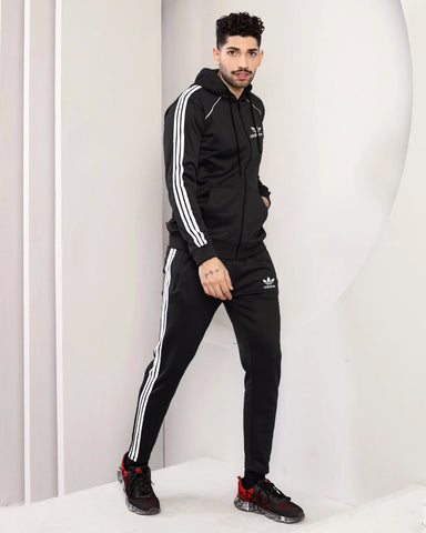 Adi-Men's 3-Stripes Black Hoodie Tracksuit