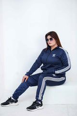 Adedas Women Sterling Mock Neck Warm-UP 3-Stripes Blue Tracksuit