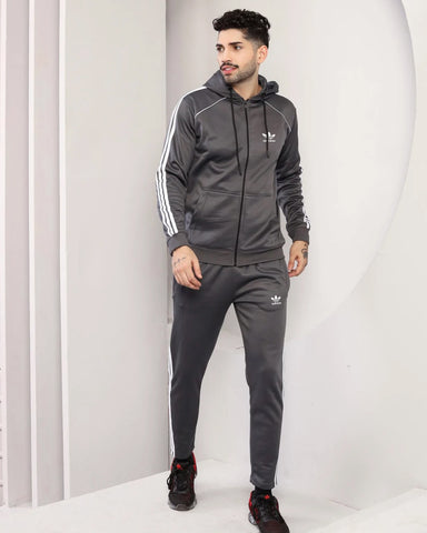 Adi-Men's 3-Stripes Grey Hoodie Tracksuit