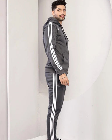 Adi-Men's 3-Stripes Grey Hoodie Tracksuit