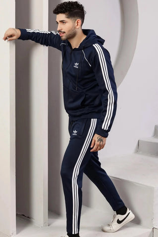 Adi-Men's 3-Stripes Blue Hoodie Tracksuit