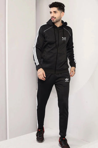 Adi-Men's 3-Stripes Black Hoodie Tracksuit