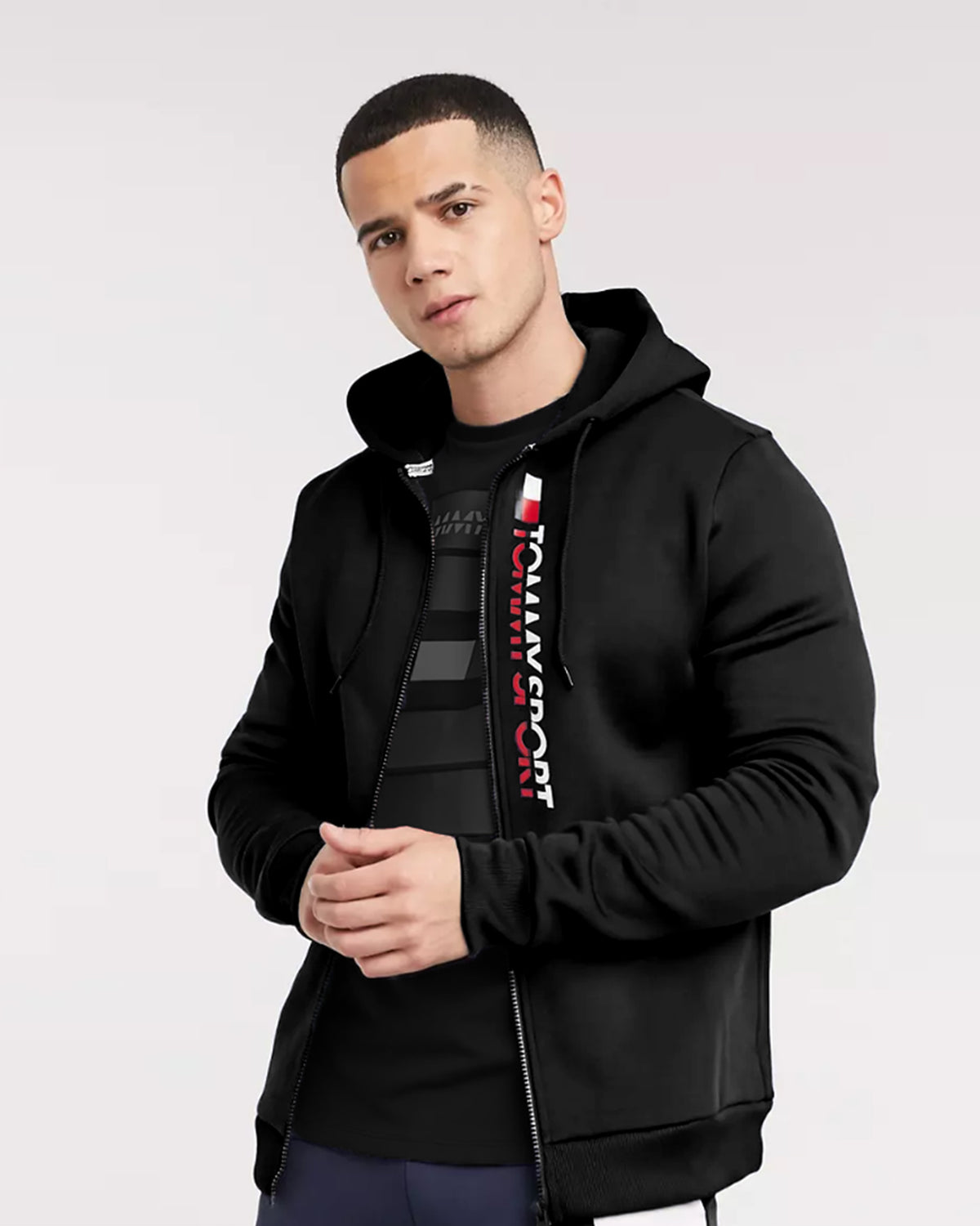 TH Graphic Letter Print Zipper Black Hoodie